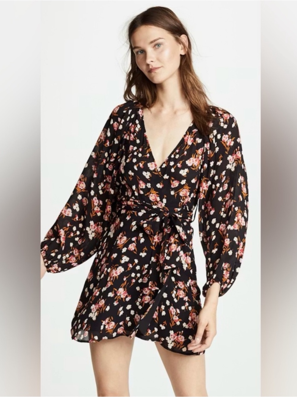 A.L.C Size 10 Carlo Floral Wrap Balloon Sleeve Mini Silk Dress